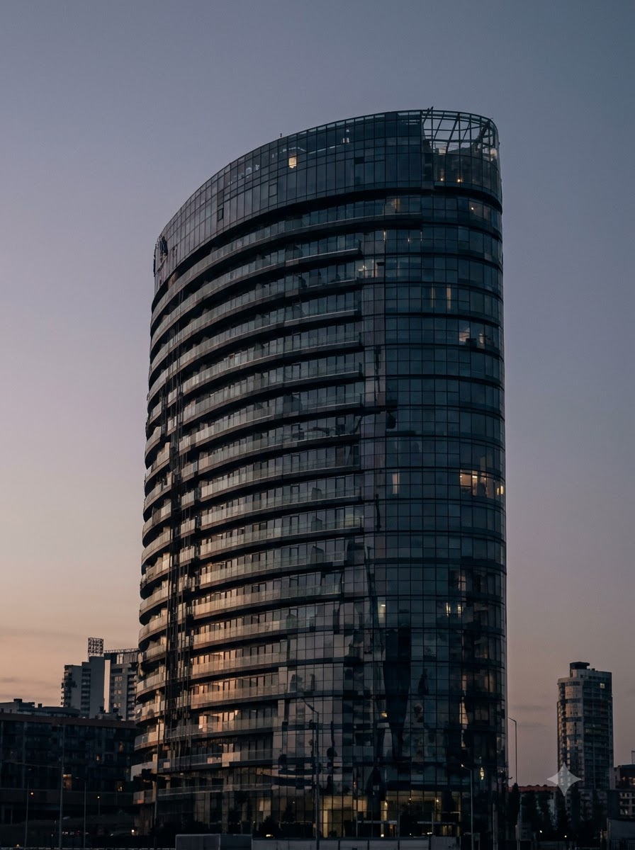 Curved glass residential tower at dusk