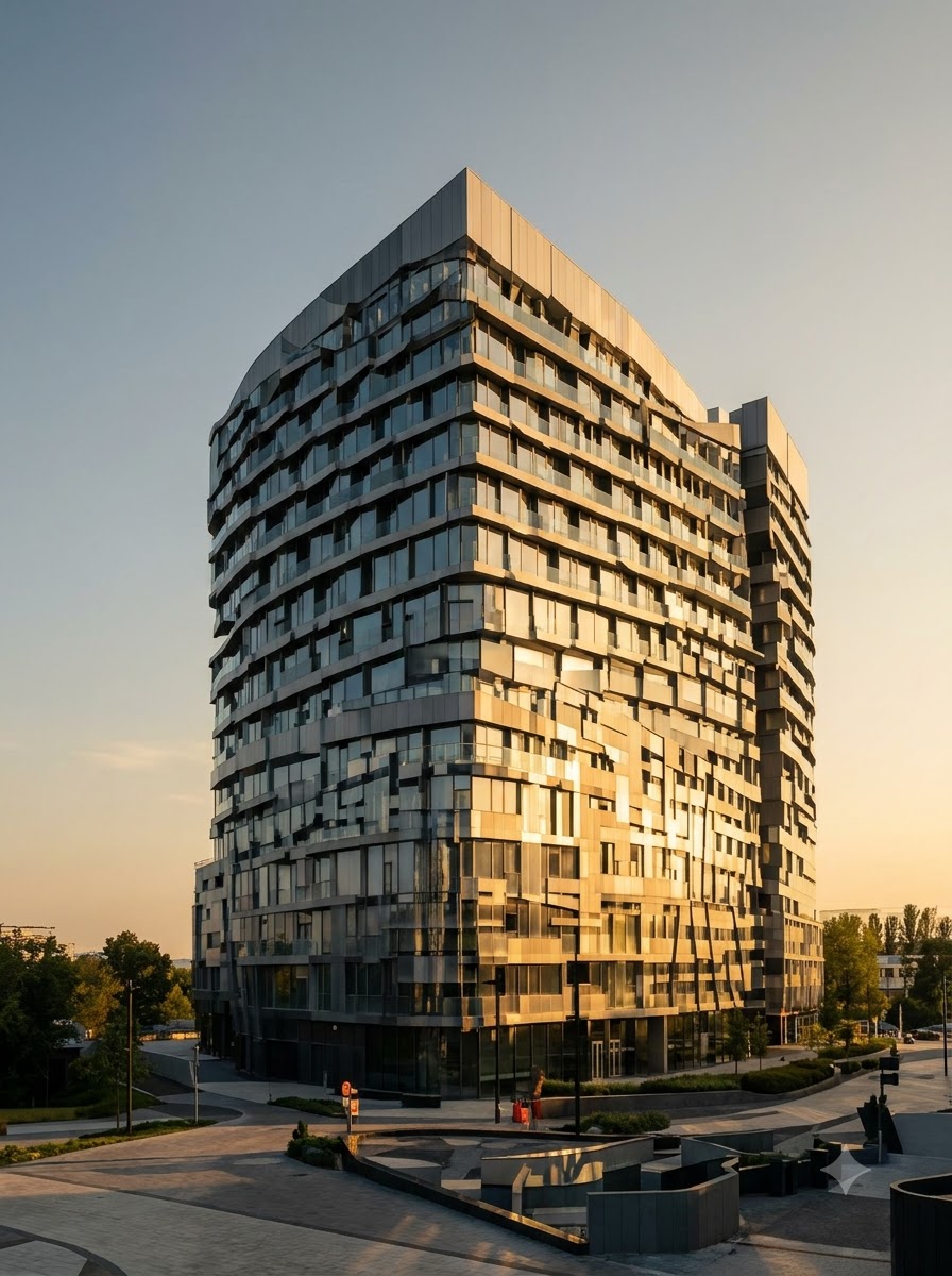 Tall tower with a faceted glass facade at sunset