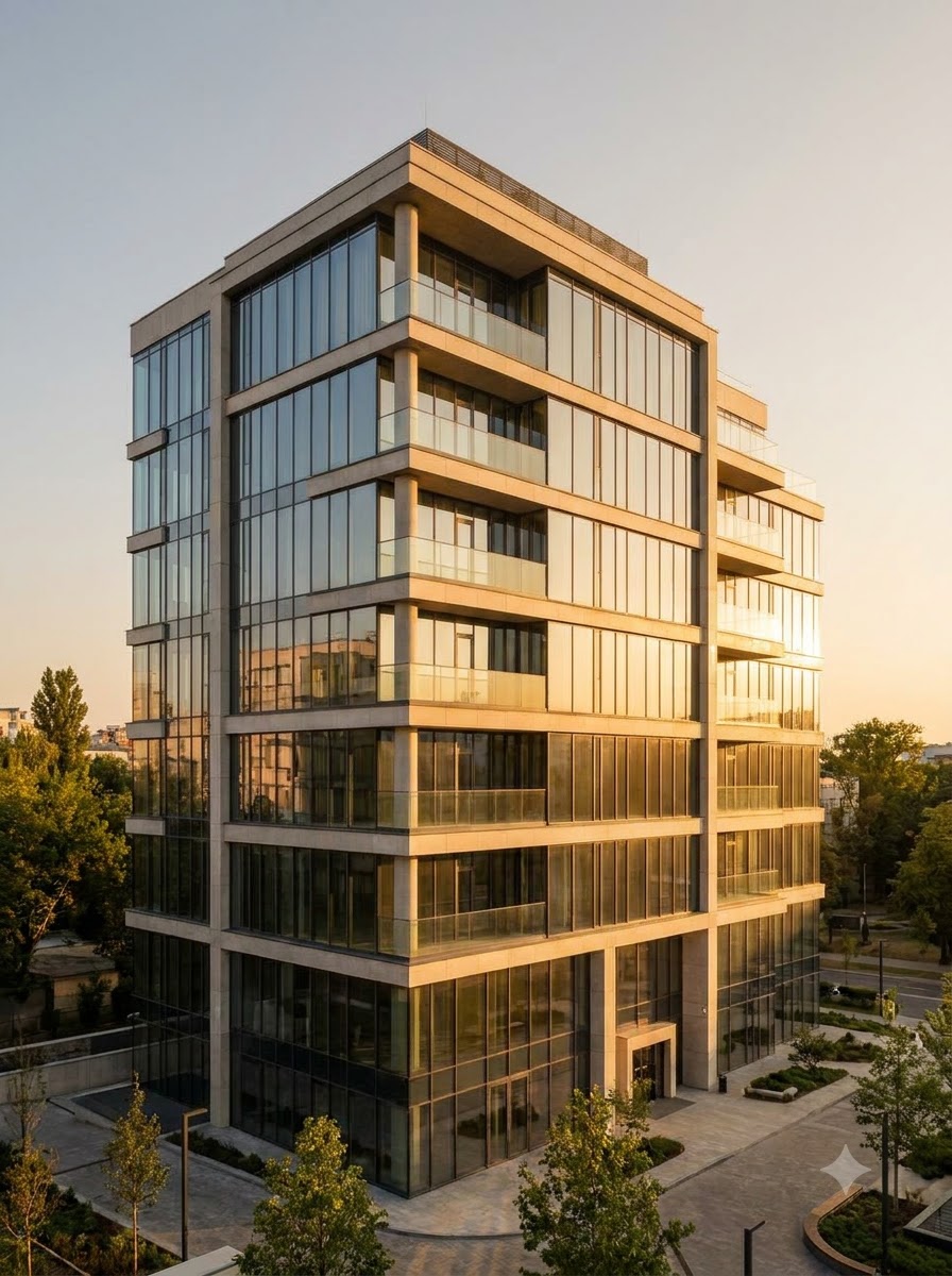 Stone and glass mid-rise building glowing in golden-hour light