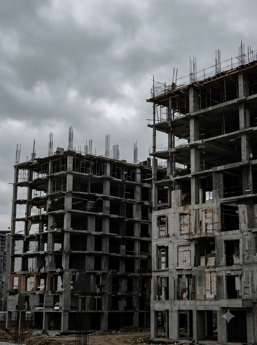 Two concrete residential blocks under construction under a cloudy sky